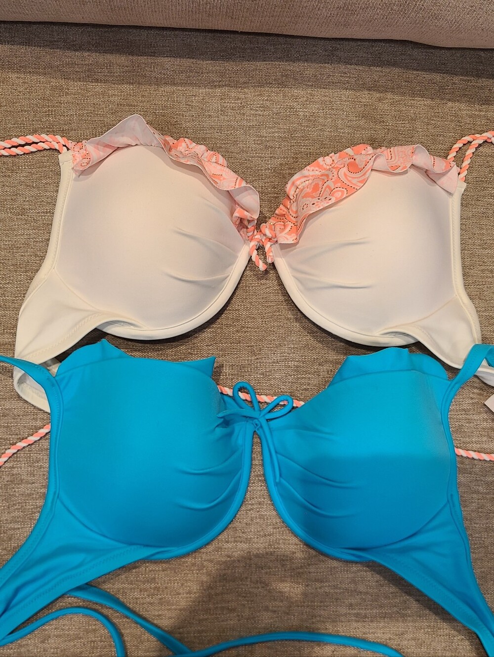 Victoria's Secret White Bikini Top with Coral Paisley Ruffle